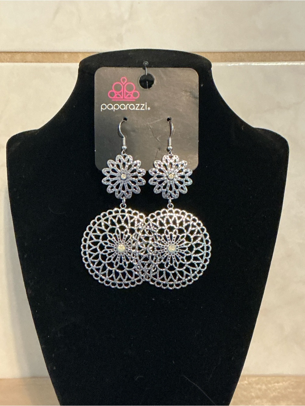 Paparazzi Silver Lace Medallion Drop Earrings - Silver